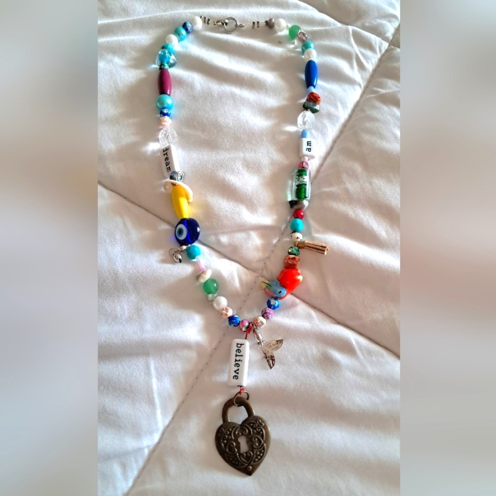 HANDMADE Colorful Beaded Necklace with Heart Pendant